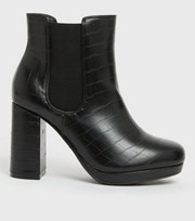 New Look Wide Fit Black Faux Croc Block Heel Platform Chelsea Boots
